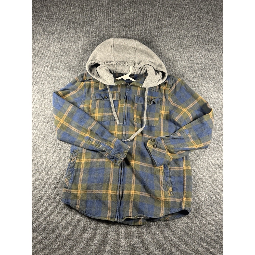 Empyre Hooded Zip Up Flannel Shirt Collar Blue Green Plaid